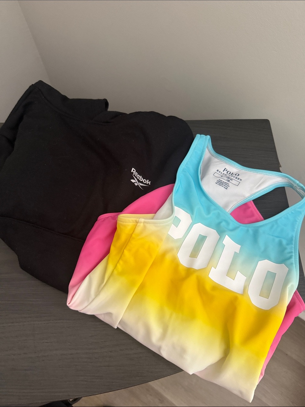 Polo Ralph Lauren Girls' Gradient Blue-Yellow Swimsuit and Reebok Sweatshirt